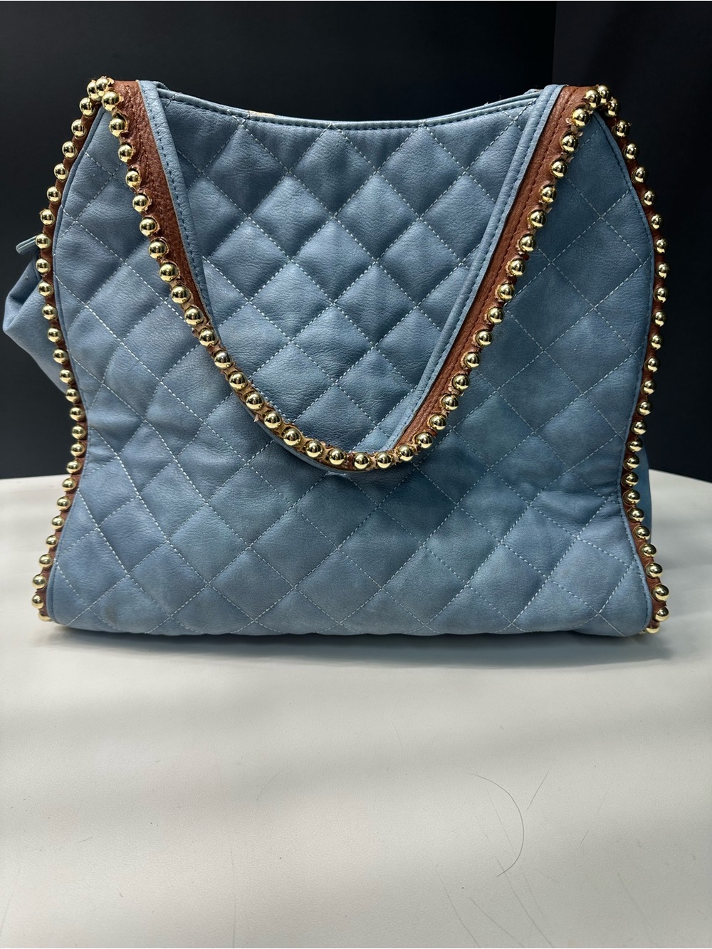 Big Buddha Quilted Light Blue Shoulder Bag with Gold Bead Trim